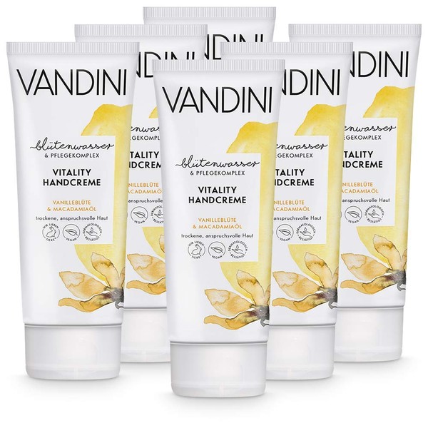 VANDINI Vitality Women's Hand Cream with Vanilla Blossom & Macadamia Oil - Hand Cream for Dry & Demanding Skin - Vegan Hand Cream for Women without Silicones, Parabens & Mineral Oil (6 x 75 ml)