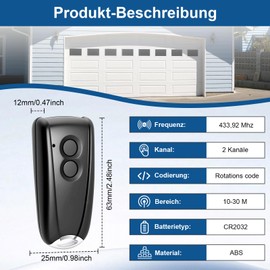 Garage Opener Remote Control 433.92MHz for EcoStar RSC2-433 RSE2-433, RSZ1-433, with Metal Base, 2 Pieces Gate Handheld Transmitter for Hormann EcoStar Liftronic 500/700/800 for Portronic D2500/D5000