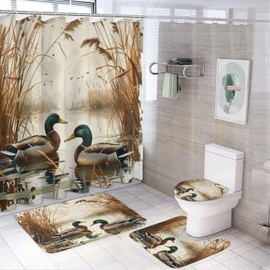 TIKRBMLB 4Pcs Vintage Wild Lake Shower Curtain, Mallard Duck Plant Shower Curtain Sets with Toilet Lid Cover, U-Shaped Mat and Non-Slip Rugs, Bathroom Decor Set, 72" x 72"
