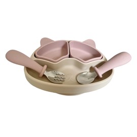 Silicone Divided Plate with Spoon & Fork for Babies/Toddlers, Plate with 2 Removable Trays, Utensils with Travel Case, BPA-Free, Non-Toxic, Strong Suction Plate, Feeding Set (Rose Pink)