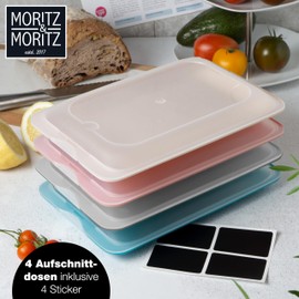 Moritz & Moritz 4x Cold Meat Containers for Fridge - Stackable - Colourful - Airtight Cold Cuts Storage Containers with Lids for Storing Cold Meats, Cheese etc. - with Stickers for Labelling