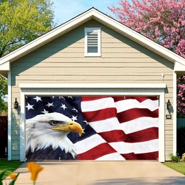 Fourth of July Garage Door Cover Banner Decorations, Patriotic American Flag Happy 4th 4 of July Outdoor Car Garage Door Murals Buddy Decorations Extra Large 16 X 7 Ft