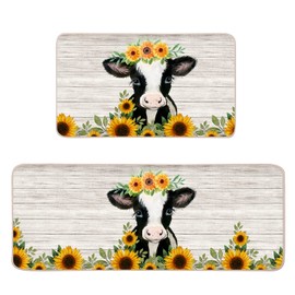 YOUWOUS Sunflower Cow Farmhouse Kitchen Mats Set of 2-17x29 and 17x47 Inch, Decorative Non Slip Backing Floor Rugs for Home Kitchen