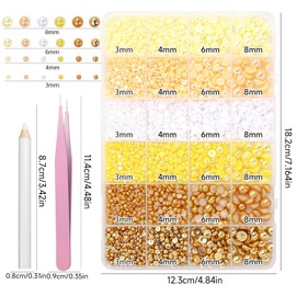 Pearls Nail Charms 3/4/6/8mm Flatback Nail Pearls for Nails Art, Half Round ABS Yellow Gold White Pearl Beads Gems for Nails Art DIY Crafting Face Hair Manicure DIY