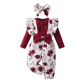 Joureker Infant Baby Girl Clothes Solid Tops + Flower Print Suspender Pants with Bow 3Pcs Outfit Set, Red, 0-3 Months