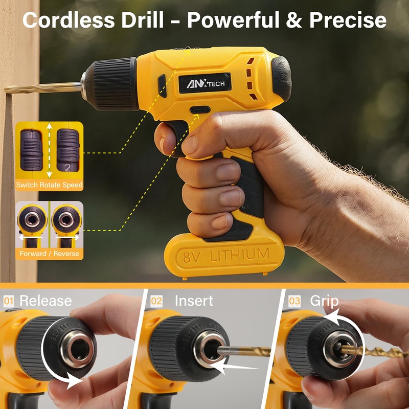 Drill Set, Tool Kit with 8V Power Cordless Drill, Household