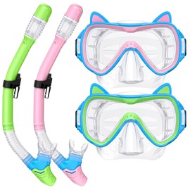 2025 Cute Kitten Kids Snorkel Set,Pastel Colors, Anti-Fog Tempered Glass Snorkeling Gear for Kids Age 6 and up – Ideal for Birthdays or Graduation Celebrations!