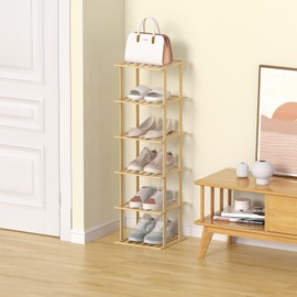 SHIISEWE Bamboo Shoe Rack - Vertical Shoe Rack for Small Spaces, Skinny Shoe Shelf Space Saving Storage, Tall Vertical Narrow Shoe Rack for Front Door Entrance Closet Corner Garage