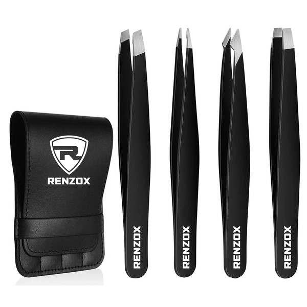 Renzox 4pcs Tweezers for Facial Hair Women & Men Hair Removal Eyebrow Tweezers Professional Stainless Steel Black Color Coated tweezer Set Slanted & Pointed Tip for ingrown Hair with Leather Pouch