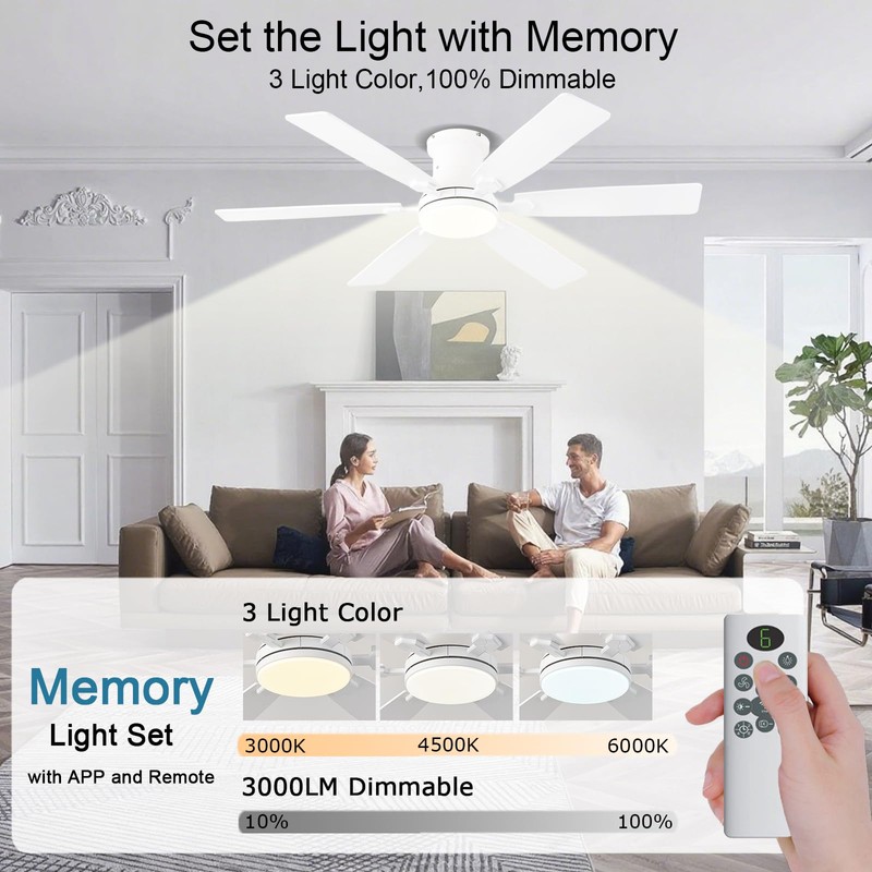iacaf 52inch Low Profile Ceiling Fan with Light and Remote/APP