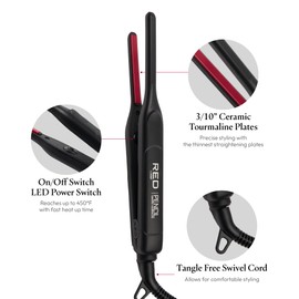 Red by Kiss Pencil Flat Iron up to 450°F Thin Small Tourmaline Ceramic Plate 0.3 inch (3/10") for Women and Men, Short to Medium Hair, Pixie Cut, Bangs, Edges.. A Travel Pouch and a Glove Included