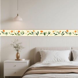 IVN Wallpaper Border Peel and Stick Decorative Wall Trim Self Adhesive Orange Tulip Garden Design Wallpaper for Bathroom Laundry Room Pool Area Mirror Frame Shelf Wall Edge 4x196 Inch