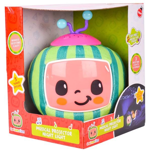 Sunny Days Entertainment CoComelon Official Musical Projector Night Light | Soft Plush Melon Body | Plays Bedtime Songs and Lights Up | Sleep Soother for Toddlers