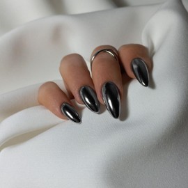 Chrome False Nails Almond, SXVME Metallic Smoky Grey Press On Nails Medium, Glitter Shine Black Fake Nails Medium Cute, Acrylic Stick on Nails for Women Daily & Party Wear 24 Pcs