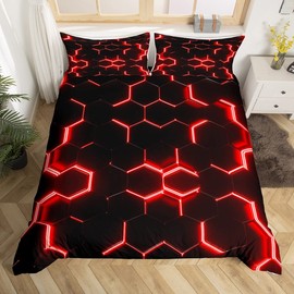 Loussiesd Honeycomb Bed Linen Set 135 x 200 cm Red Black Hexagonal Duvet Cover Set Modern Geometric Decor Bedding Set Beehive Simplistic Geometry Duvet Cover with 1 Pillowcase 80 x 80 cm