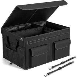 MIU COLOR Car Trunk Organizer with Lid, Collapsible Car Storage Organizer with Reinforced Leather Handles, Non-Slip Bottom, Trunk Organizer for SUV, Van, Jeep (Black with Strap, Extra Large)