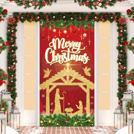 Christmas Nativity Door Cover Decorations Jesus Holy Night Christmas Door Banner Red Gold Religious Porch Sign Nativity Scene Front Door Banner Backdrop for New Year Holiday Party Supplies 73x36inch