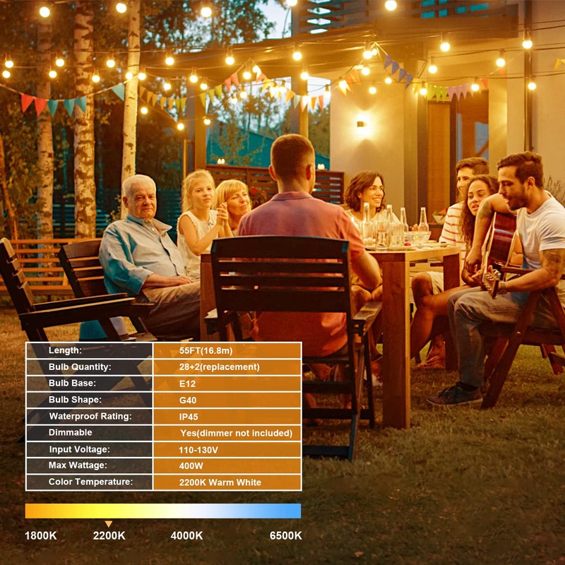 Outdoor String Lights, 55FT Shatterproof LED Patio Lights With 30