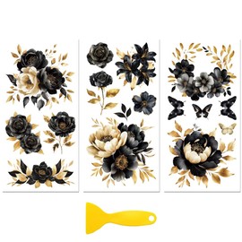 Peacoblue Black Gold Flowers Rub On Transfers for Furniture Craft 6"x12"