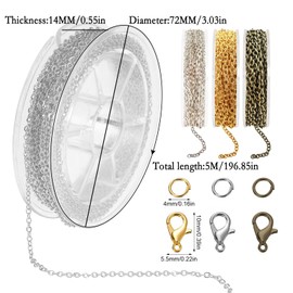 3 Rolls 5 m Link Chain Sold by the Metre Kit, 3 Rolls 5 m Link Chain Sold by the Metre Kit, with 60 Lobster Clasp and 150 Jump Rings, for Necklaces, Earrings, Bracelets, Jewellery Making Accessories