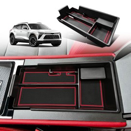 BestEvMod Center Console Organizer Tray Compatible with Chevy Blazer EV 2023 2024 Interior Accessories Armrest Storage Box ABS Material with PVC Trim & Removable Coin Holder (Red)