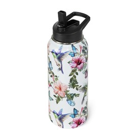 Hummingbird Water Bottle with Straws Insulated Bottle Birds Floral Travel Thermal Double Walled Vacuum Cup Leak Proof Stainless Steel Tumbler Birds Lovers Decor Gifts-32 oz
