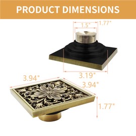 MY MIRONEY Antique Floor Drain Square Brass Shower Drain 4 Inch Bathroom Ground Drainer with Removable Cover Waste Water Strainer - Begonia Carved