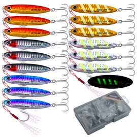 Goture Fishing Jigs 20g 15 Pcs, Vertical Jig Saltwater Freshwater, Jig Fishing Lures with Assist Hook and Treble Hook, Fishing Jigging Spoon Lures with Tackle Box, Fishing Jig for Tuna, Salmon, Bass