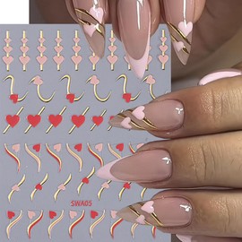 8Pcs Valentines Day Nail Art Stickers Decals 3D Metallic French Line Nail Decals Black White Red Pink Love Hearts Nail Stickers Self Adhesive Valentines Nail Design Decoration Heart Stickers for Nails