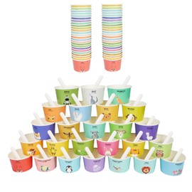 Yanghad Papier Einweg Eisschalen eisdiele eisbecher mit 25 Tierfiguren und Buchstaben, 50PCS Paper Dessertbecher 6 oz 180 ml mit 50 löffel