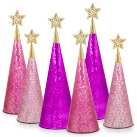 Pink Purple Glass Trees Set of 6, 17" 15" 13" Small Tabletop Christmas Tree Handmade Disco Decor for Xmas Table Party Centerpiece Decoration