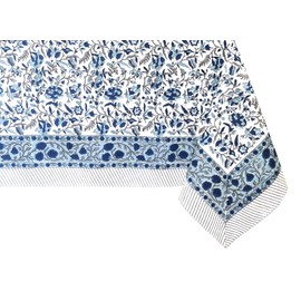 ATOSII Jodhpur Blue 100% Cotton Rectangle Tablecloth, Handblock Floral Linen Table Cloth for Kitchen Dining Table I Parties Wedding Outdoors Holidays I Home Decor 72 X 108 Inches