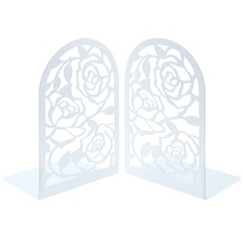 1 Pair Rose Metal Bookends,Modern Creative Rose Pattern Hollowed Nonskid Iron Book End Decorative Bookends Desk Organizer Book Shelf Holder for Kid Girl Library Home School Office Decoration (White)