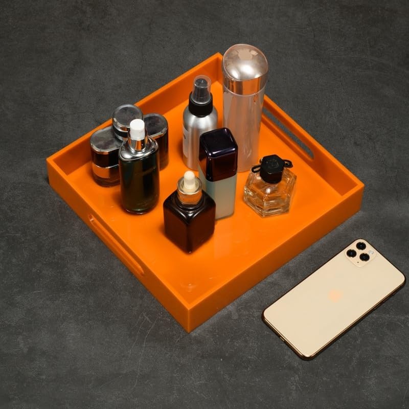 KEVLANG Orange Sturdy Acrylic Serving Tray with Handles-10x10Inch-Serving Coffee,Food,Breakfast,Butler-Kitchen Countertop