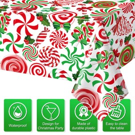 3Pcs Christmas Party Tablecloth Decorations,Red Green Plastic Christmas Ornament Candy Cane Table Cover Rectangle Peppermint Swirl Table Cloth for Christmas Holiday New Year Party Supplies,54x108 Inch