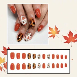 ONPRESS 24Pcs Fall Press on Nails Medium Almond Fake Nails with Maple Leaf Design Design Orange Glue on Nails Brown Amber Autumn False Nails Glossy Full Cover Acrylic Nails for Women Girls