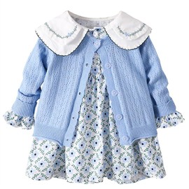 BLZXIAN Girls 2-Piece Set, One Piece + Cardigan, Sweater Dress, Children's Clothing, Dress, 1-6 Years Old, Girls, Kids' Knit, Princess, Round Collar, Long Sleeve, Floral Pattern, Cute, Warm, Stylish,