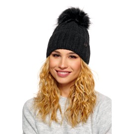 ELIMELI Winter Hat Women's Hat with Fur Pom – Warm Women's Bobble Hat Knitted Hat – Winter Hat with Faux Fur Bobble – Slouch Knitted Beanie Made in EU, darkgray