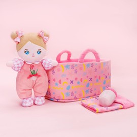 OUOZZZ Baby Doll with Carry Bag and Doll Accessories, Pink, 25 cm, Soft Rag Doll, Blue Eyes, Cuddly Doll for Children from 3 Months - Baby Gift for Birth Girls Boys