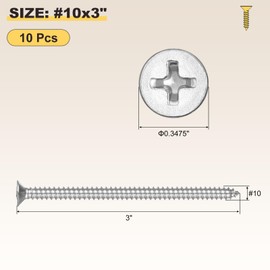 METALLIXITY Countersunk Phillips Wood Screw (#10x3) 10Pcs, 304 Stainless Steel Coarse Thread Phillips Drive Flat Head Wood Screws - for Furniture Installation Repair, Silver