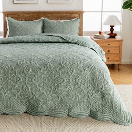 meadow park Embroidered Quilt Set Queen Size - 3 Pieces, Washed Cotton Blend Lightweight Bedspreads with Scallop Edges, Reversible Coverlets Bed Cover All Season Quilts-Green