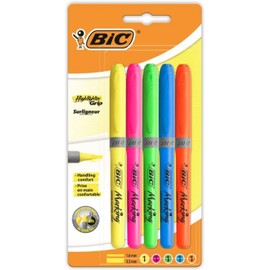 BiC Highlighter Grip, Highlighter Pens with Chisel Tip, Long-lasting, Ideal for School and Office, Assorted Colours, 5 count (Pack of 1)