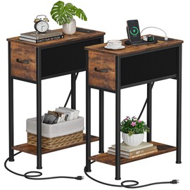 Vagusicc End Table Set of 2 with Charging Station, Narrow Side Table with Outlet, Skinny Nightstand with Fabric Drawer, Small Night Stand End Tables Living Room, Bedside Table for Bedroom Small Spaces