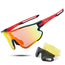 Startop TR90 Frame Road Bike Sunglasses, Sports Sunglasses, 3/5 Lens Replacement, Polarized, UV400, Fully Blocked, Baseball, Running, Fishing, Driving, Unisex, Ultra Lightweight, A,3 lens, black & red