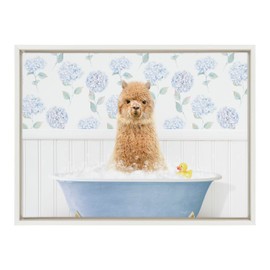 Kate and Laurel Sylvie Baby Alpaca in Hydrangea Bubble Bath Framed Canvas Wall Art by Amy Peterson Art Studio, 18x24 White, Cute Animal Bathtub Art for Wall