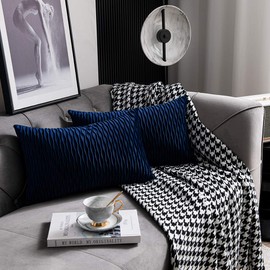 DEZENE Navy Striped Couch Pillow Cases: 2 Pack 12x20 Inch Original Velvet Rectangular Throw Pillow Covers for Farmhouse Home Decor