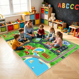 Town Road Car Rug 6x9 Ft, Non-Slip Railway Track Car Rug Play Mat