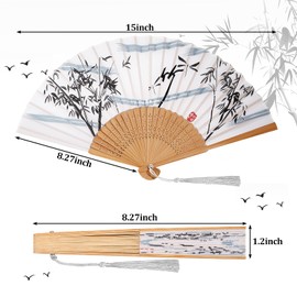 Jetec 12 Pieces Floral Folding Hand Fans Chinese Style Bamboo Folding Fan Vintage Pattern Hand Fan Handheld Fabric Folding Fan with Tassel Women's Hollowed Bamboo Hand Holding Fan for Wedding Party