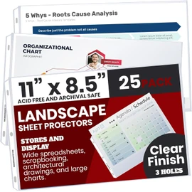 Performore 25 Sheet Protectors, Landscape Clear Sheet Protectors 8.5 X 11 Inch for 3 Ring Binder, Plastic Sheet Sleeves, Top Loading with 3 Hole-Punched Archival Safe, Non-Stick and Long-Lasting