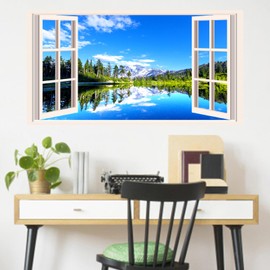 Fake Window Wall Stickers 3D Forest Lake Window View Mountain Wall Decals Natural Landscape Wall Decals Peel and Stick Nature Scenery Mural Sticker for Living Room Bedroom Decor